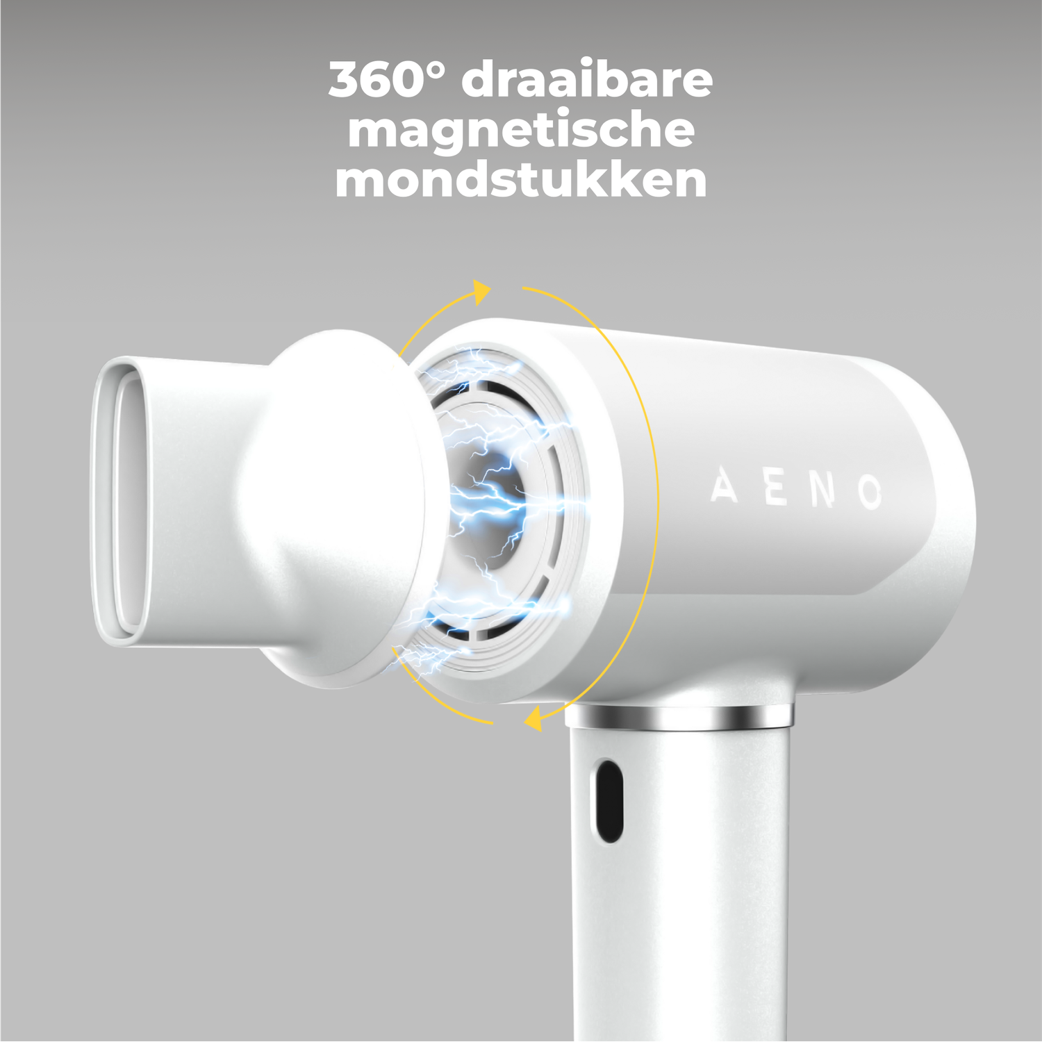 A white device with a rotating nozzle. Text says 360° rotating magnetic mouthpieces. Lightning effect is visible.