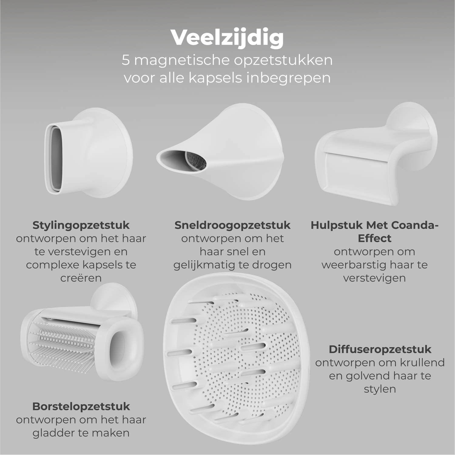 White hair dryer attachments on a grey background. Text describes each attachment's function, like styling or drying hair.