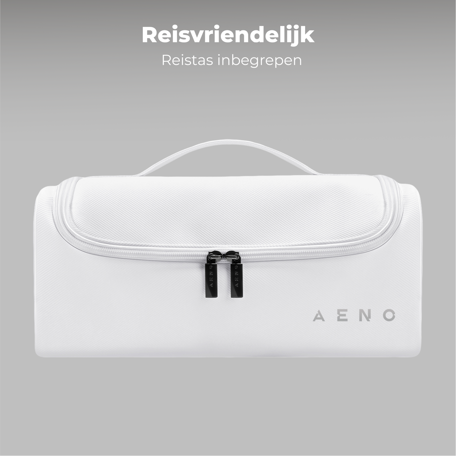 White travel bag with a handle and zippers. The brand name "AENO" is visible. The background is a light gray gradient.