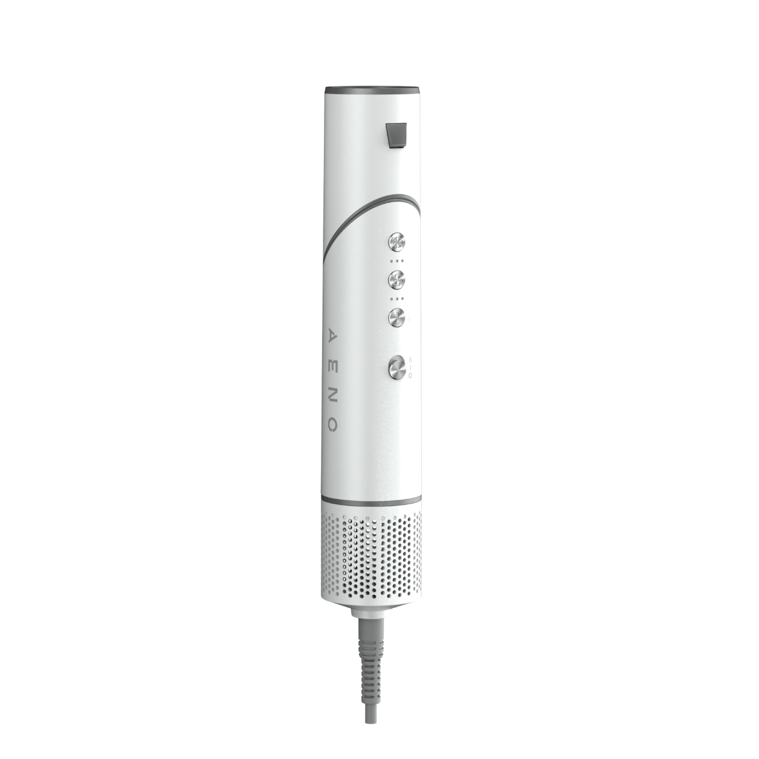 A white hair styling tool with gray accents. It has buttons, a display, and a cord. The word AENO is printed on it.