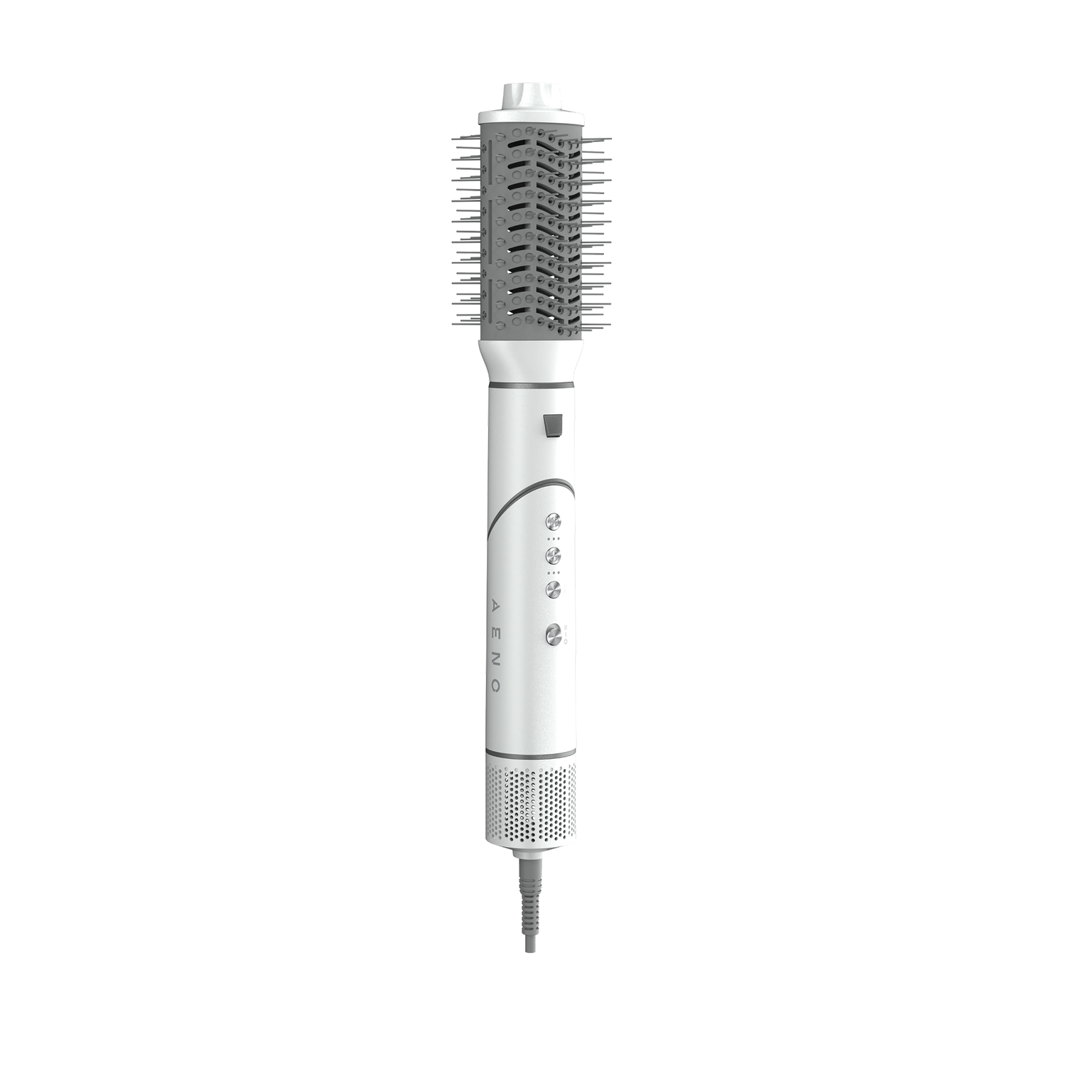 A white and gray hair dryer brush. It has a round brush head with bristles. The handle has buttons and the brand name 'AENO'.