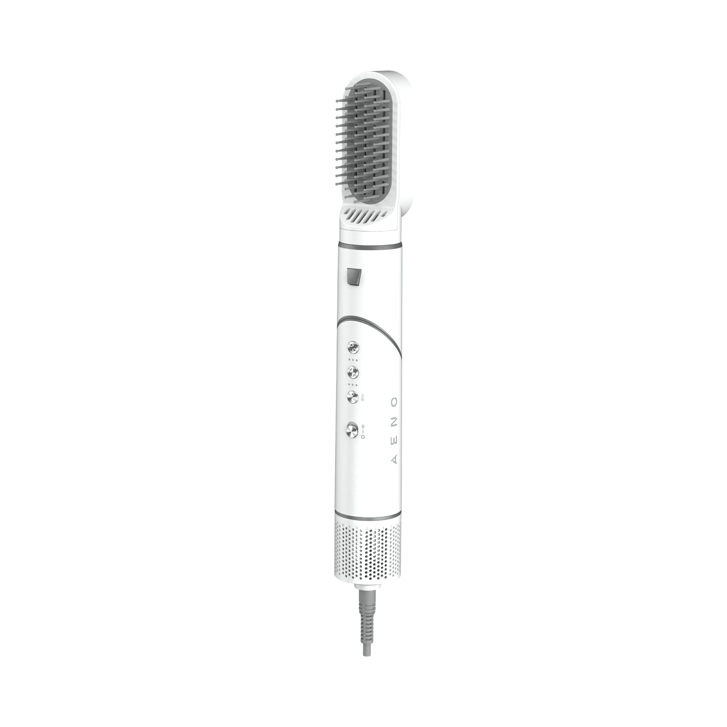 A white hair styling tool with a brush head and a cylindrical body. Gray bristles and a power cord are visible.