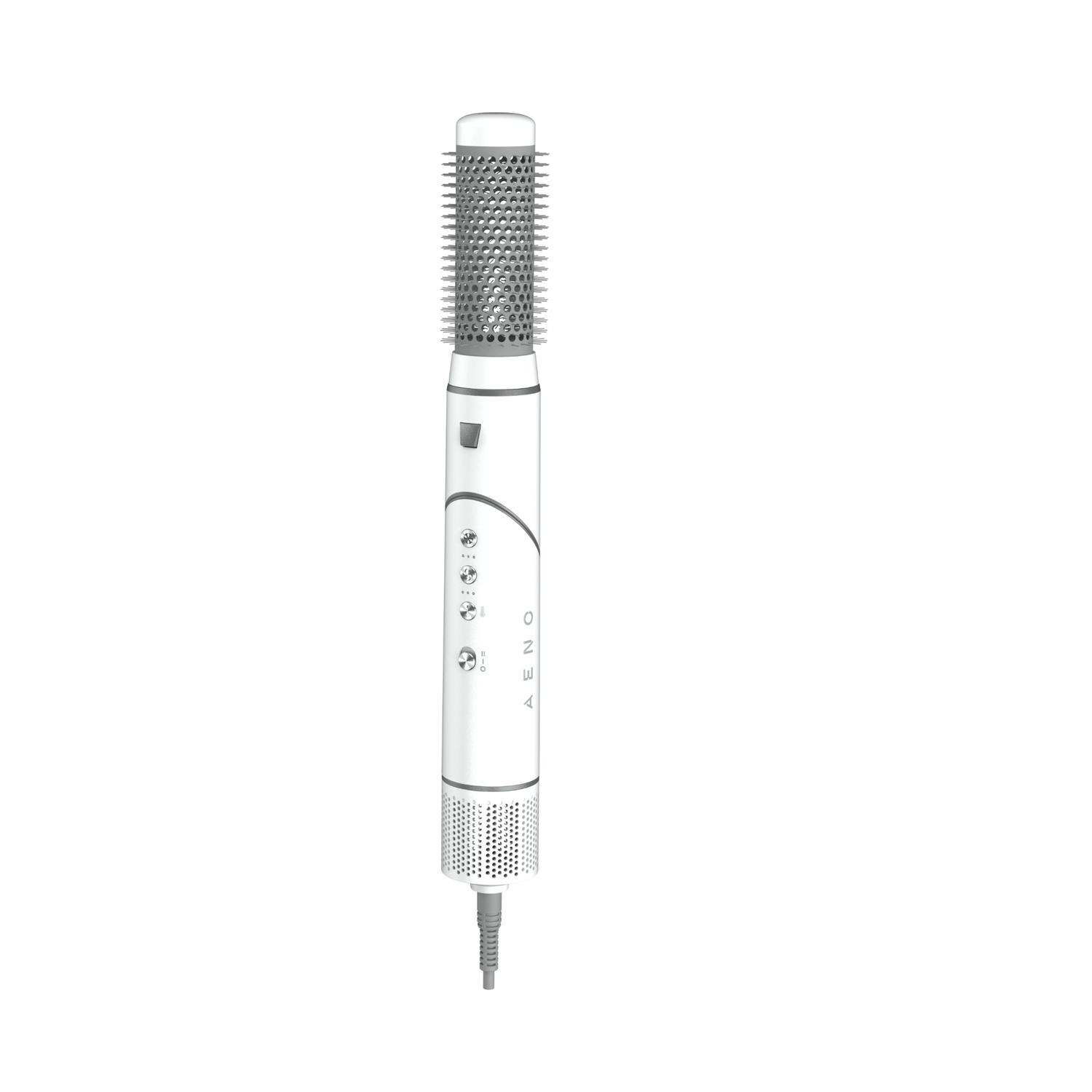 A white and gray hair styling brush on a white background. It has a round brush head and a handle with buttons and the brand name AENO.