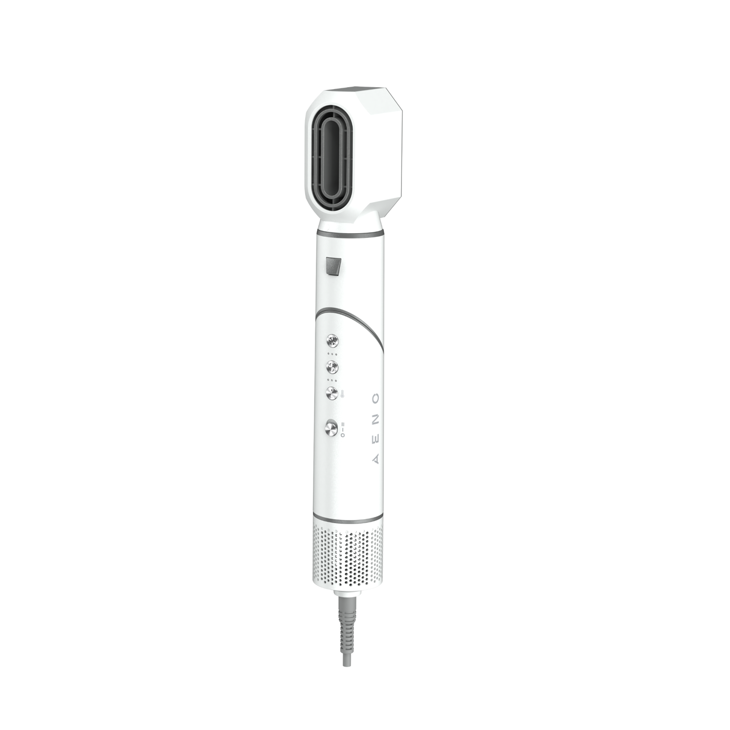 A white and gray hair dryer with a cylindrical body, control buttons, and a rectangular head. The brand name is AENO.