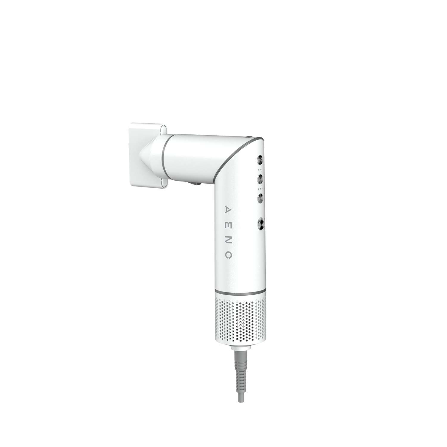 A white hair dryer mounted on a white surface. The dryer has a cylindrical handle, a perforated head, and a hanging cord.