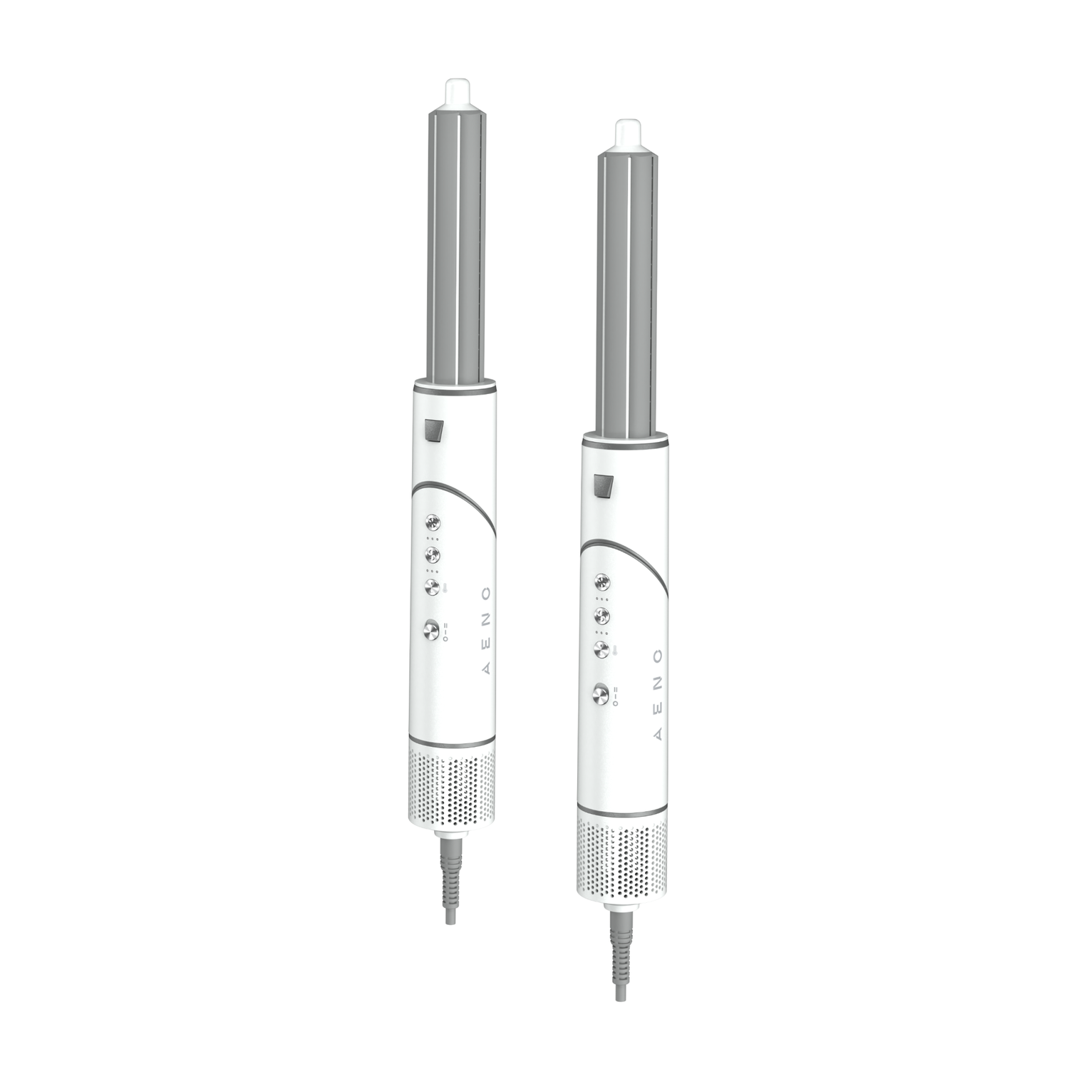 Two white and gray hair styling tools are on a white background. They have buttons, a dial, and a cord.