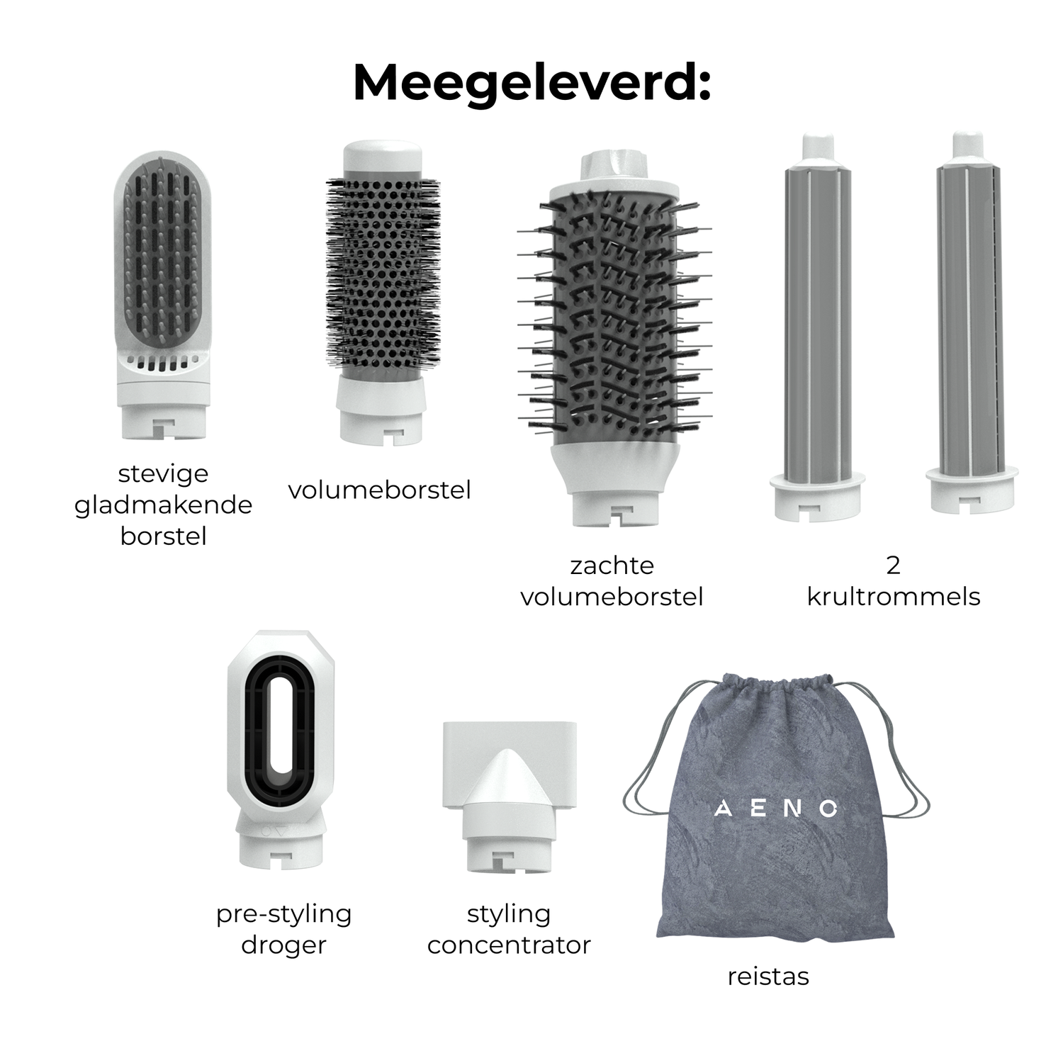 Hair styling tools. Includes brushes, curlers, a dryer, and a travel bag, all in white and gray, with text labels in Dutch.