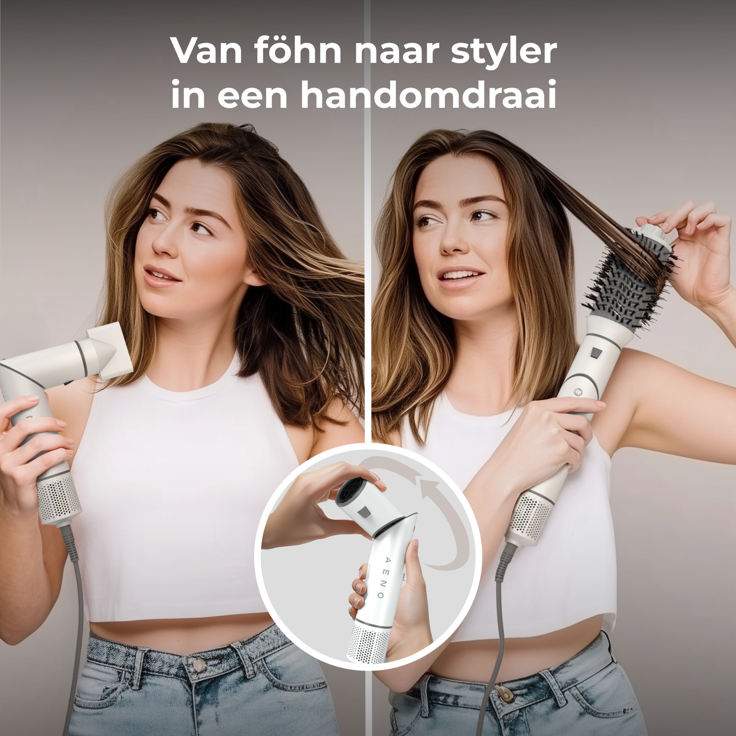 Woman using a hair dryer, then a styler. A circular inset shows the tool's head being switched. Text says: From dryer to styler.