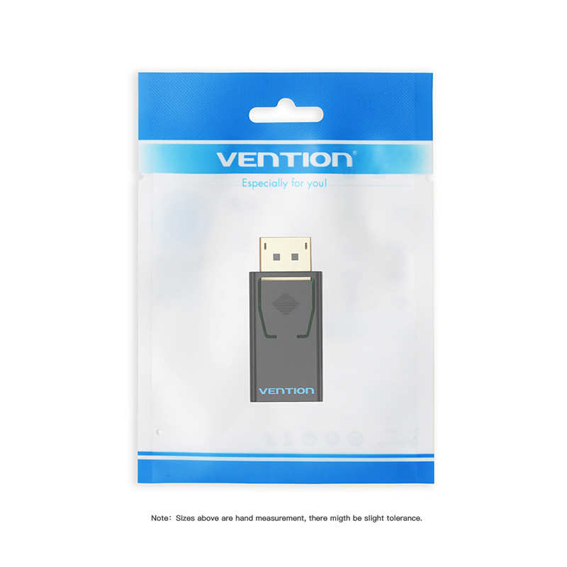 Egy Vention adapter műanyag zacskóba van csomagolva. Az adapter szürke, a zacskó kék és fehér. A Vention logója látható.