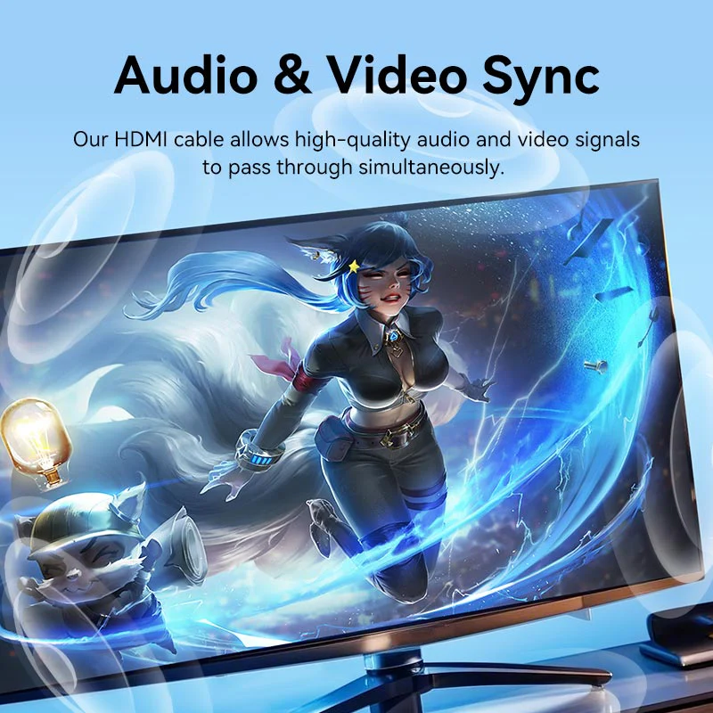 Egy monitor, amely egy fantáziaképet jelenít meg egy kék hajú nőről. A képernyő kék energiahatásokkal rendelkezik. A szöveg a következő: Audio & Video Sync.
