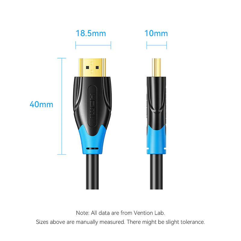 HDMI kábel fekete és kék díszítéssel. Méretek vannak megadva, beleértve a 40 mm, 18,5 mm és 10 mm-es méréseket. Fehér háttér.