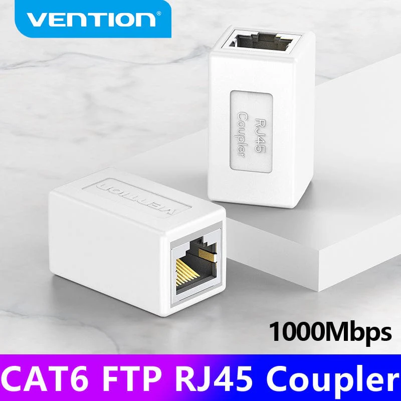Két fehér RJ45-csatlakozó a VENTION logóval. A szöveg a következő: CAT6 FTP RJ45 Coupler és 1000Mbps. Kék és lila háttér.