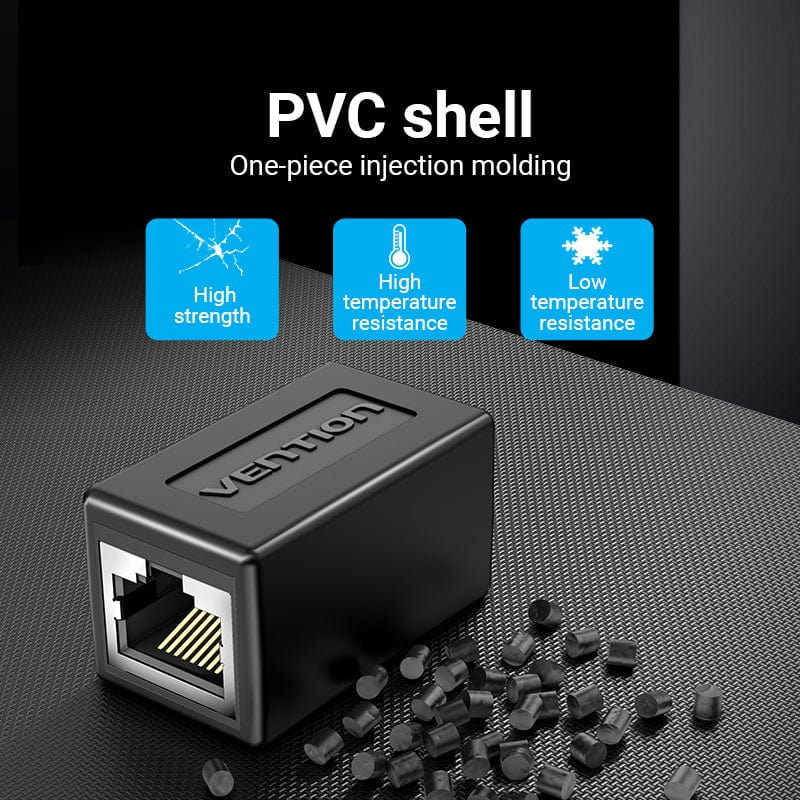 Egy fekete Vention csatlakozó látható. Ethernet porttal rendelkezik, és 'PVC shell' felirattal van ellátva. Műanyag pelletek és szilárdság- és hőmérséklet-ikonok vannak.