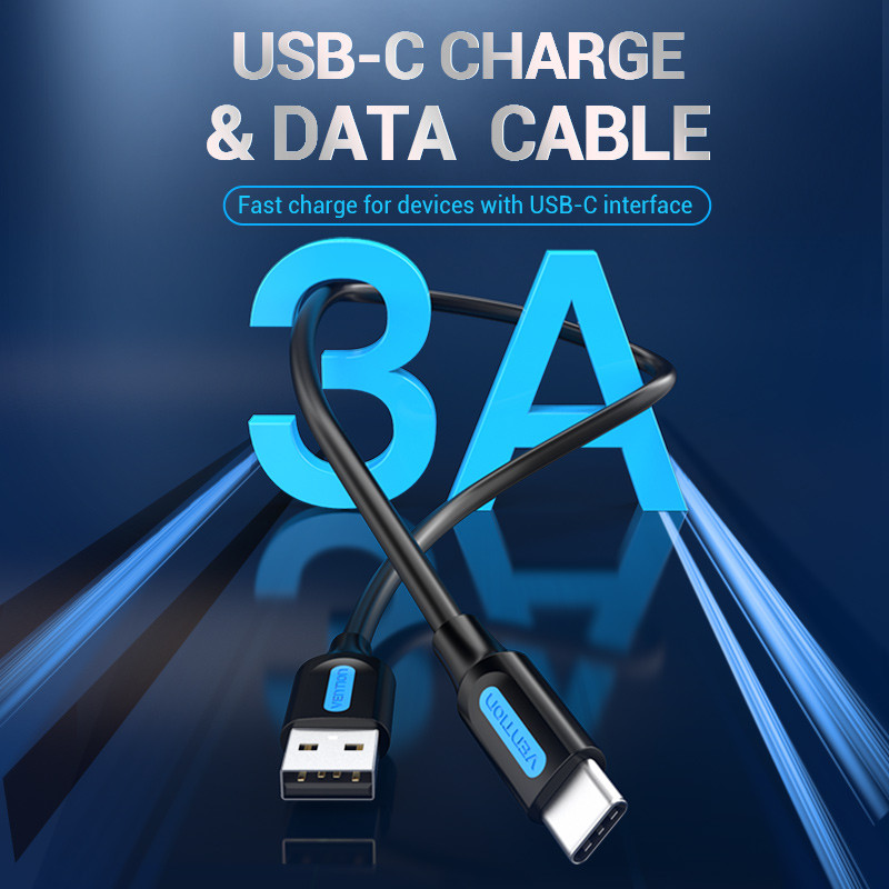 Egy fekete USB-C kábel kék díszítéssel. A szöveg a következő: USB-C CHARGE & DATA CABLE, 3A és Fast charge.