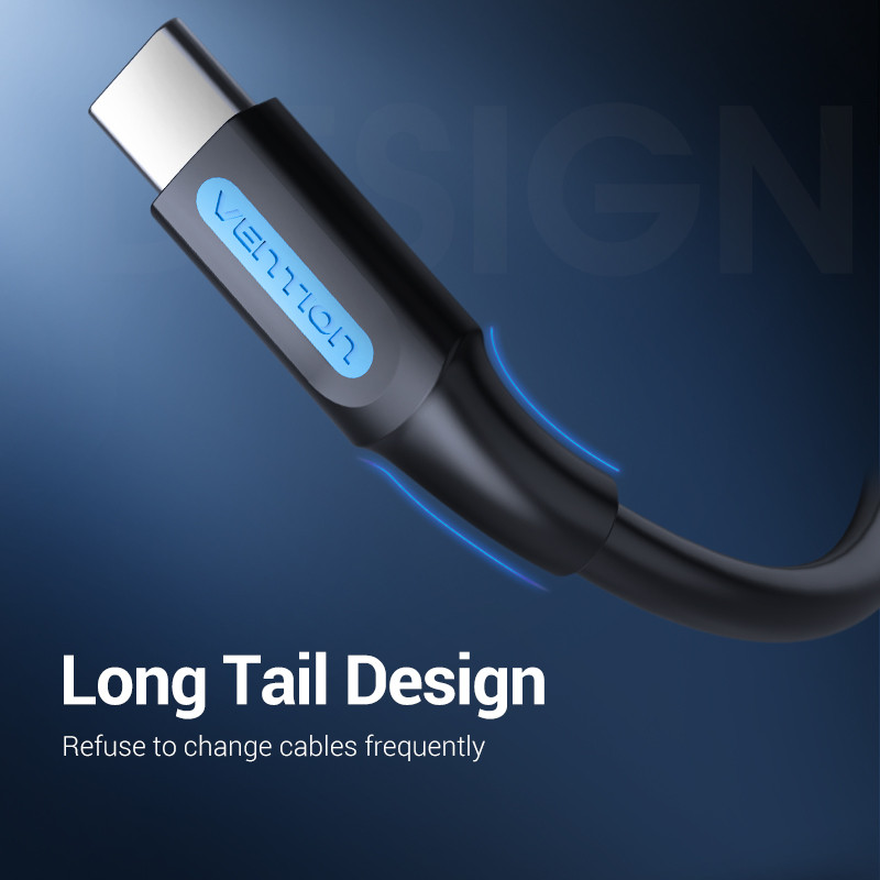 Egy fekete USB-C kábel közeli képe. A kábel ezüst csatlakozóval és kék megvilágítású 'Vention' logóval rendelkezik. A háttér sötétkék.