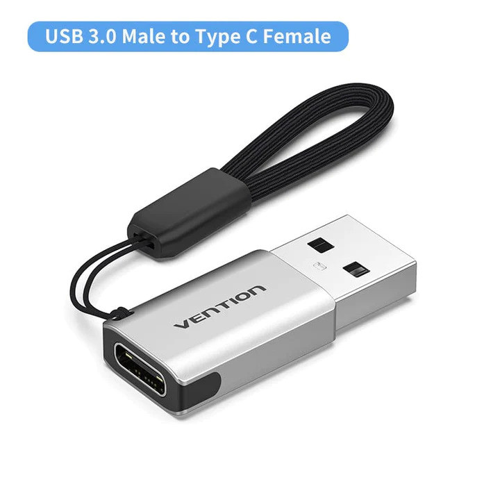 Ezüst Vention USB-adapter fekete kábellel és C típusú anya csatlakozóval. Felirat: 'USB 3.0 Férfi a C típusú Nőhöz'.
