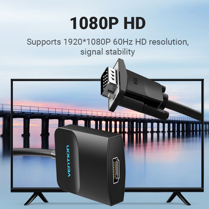 Fekete HDMI-VGA adapterkábel. A háttérben egy tévéképernyő festői kilátást mutat. 1080P HD felbontású szöveg.