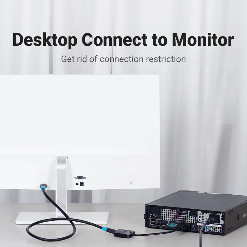 Egy asztali beállítás, amely egy monitort, egy számítógépet és csatlakozó kábeleket mutat. A tetején a szöveg: 'Desktop Connect to Monitor'.