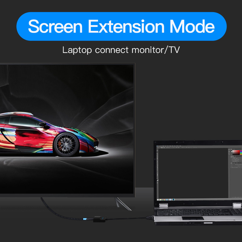Egy laptop egy monitorhoz csatlakozik, egy autót jelenít meg. A szöveg 'Screen Extension Mode'. Egy fekete kábel köti össze az eszközöket.