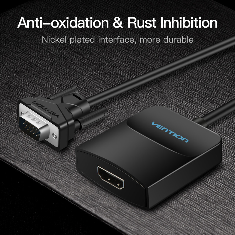 Fekete HDMI adapter VGA csatlakozóval. Szövegek: 'Korróziógátló' és 'Nikkelezett felület, tartósabb'.