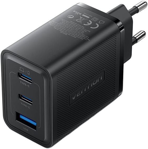 VENTION Hálózati töltő adapter, 2xType-C, 1xUSB-A, GaN, fekete (FERB0-EU)