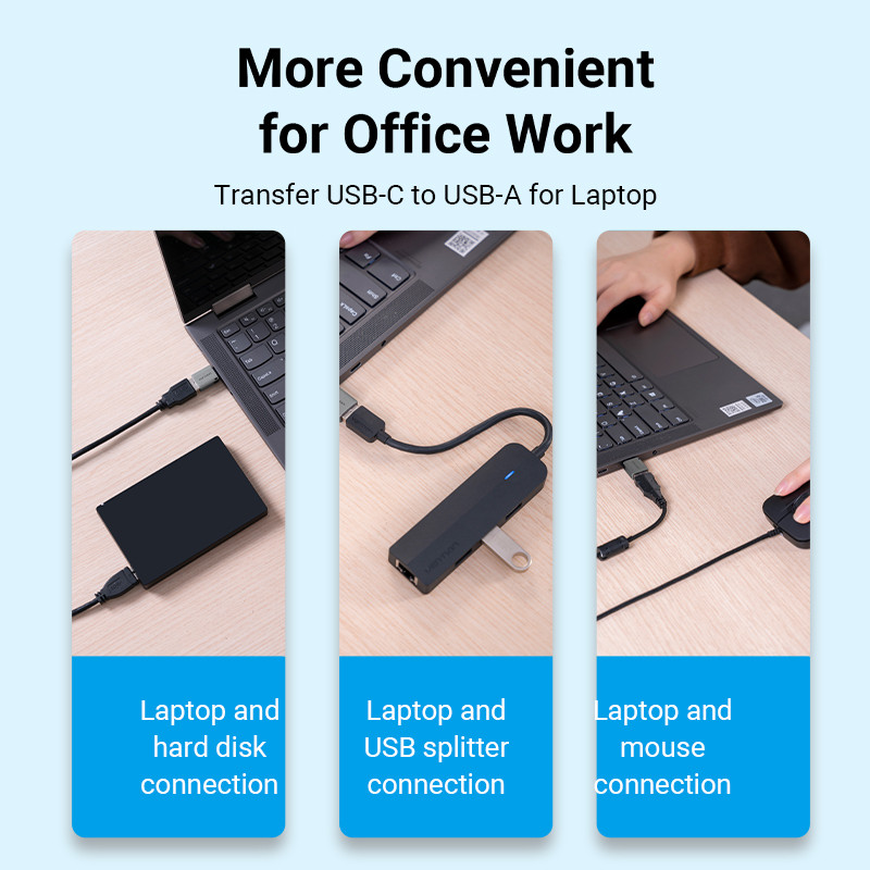 Három kép: laptop merevlemezhez, USB-elosztóhoz és egérhez csatlakoztatva. Szöveg: Kényelmesebb irodai munkához. USB-C-ről USB-A-ra laptophoz.