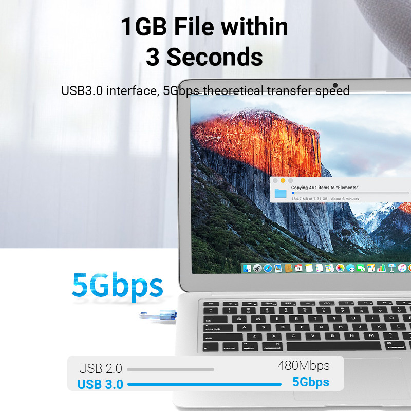 Laptop, fájlátviteli illusztrációval, USB 3.0, 5 Gbps sebességgel. A képernyő fájlátvitelt mutat.