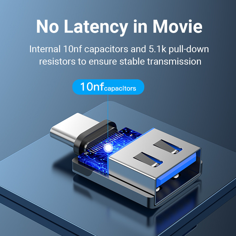 USB-adapter kék áramköri lappal és ezüst házzal, a szöveg a következő: 'No Latency in Movie' és '10nf capacitors'.