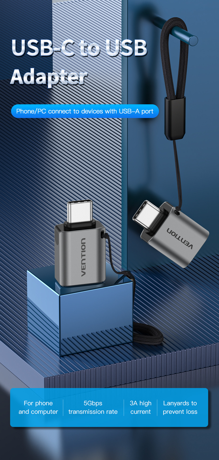 A képen egy USB-C-USB adapter látható. Az adapter ezüst színű, a "VENTION" márkajelzéssel. A háttér kék, szöveggel.