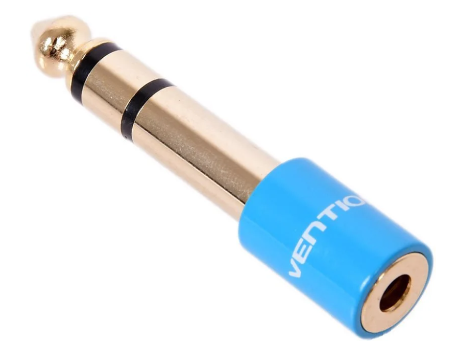 Egy arany-fekete audio jack adapter, kék hengerrel, rajta a 'VENTIO' felirattal.