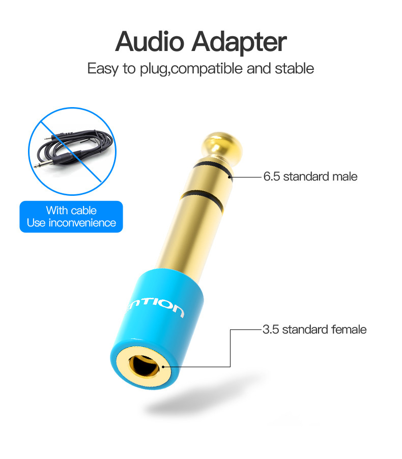 Egy arany és kék színű audi adapter, szöveges címkékkel a 6,5-ös szabványos apa és 3,5-ös szabványos anya csatlakozásokhoz. Egy kábel át van húzva.
