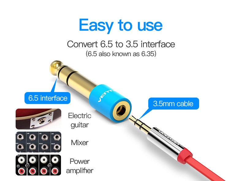 Egy adapter 6,5 mm-es hangcsatlakozót alakít át 3,5 mm-esre. Kék és arany színű. Egy 3,5 mm-es kábel van csatlakoztatva.