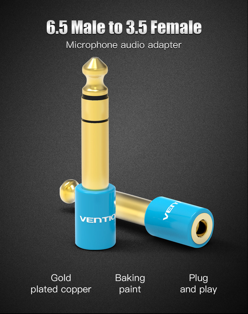 A képen két 6,5 mm-es – 3,5 mm-es mikrofonadapter látható. Arany és kék színűek, 'VENTIO' felirattal. A szöveg szerint 'Aranyozott réz', 'Sütőfesték'.