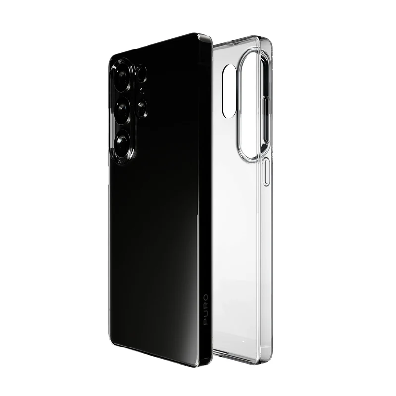 Şeffaf bir telefon kılıfının yanında siyah bir akıllı telefon. Telefondaki çoklu kamera. Kılıfın üzerinde PURO markası var.