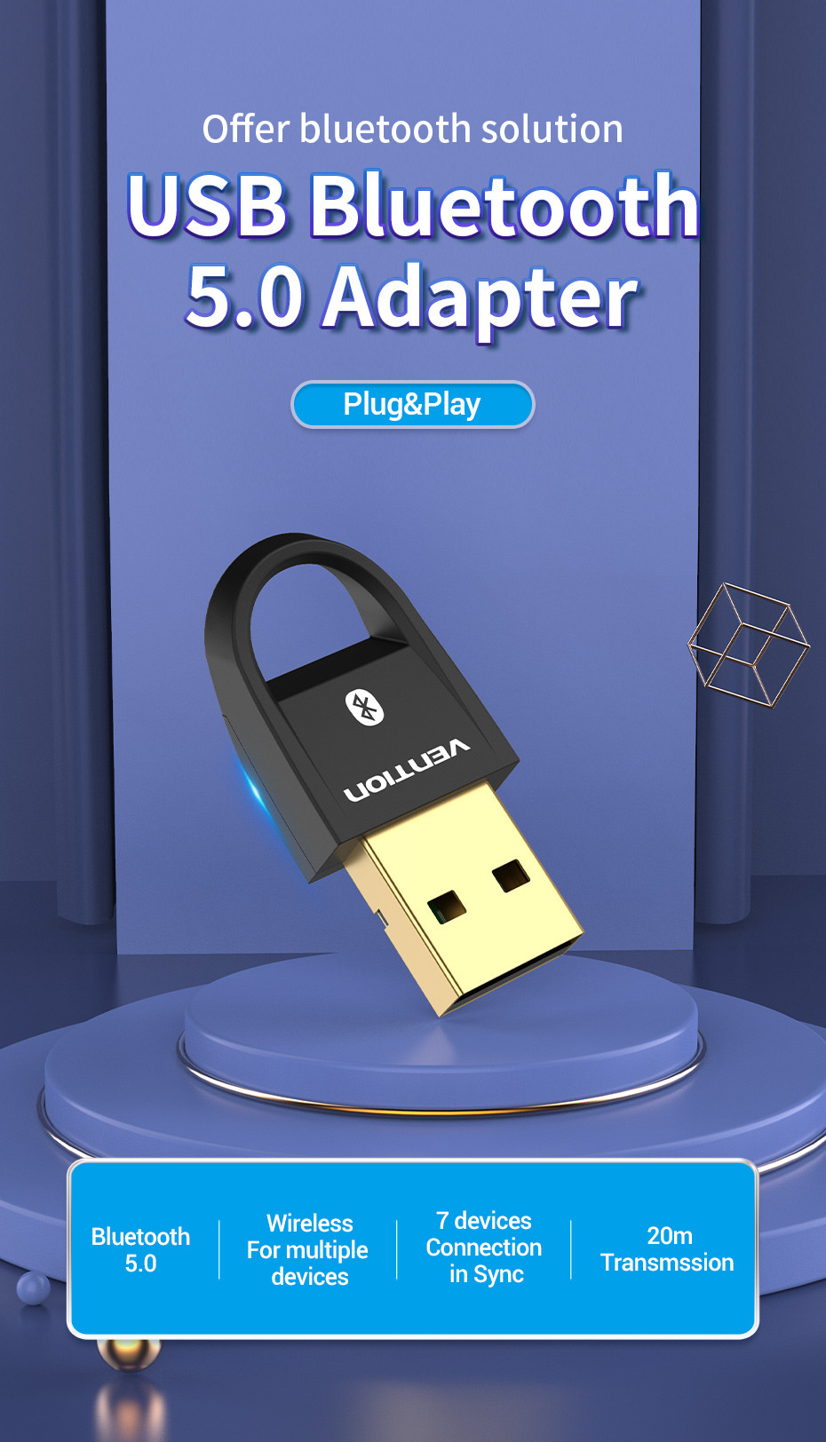 USB Bluetooth 5.0 adapter. Fekete és arany színű. Jellemzők: vezeték nélküli kapcsolat, 7 eszköz szinkronizálása és 20 m-es átvitel.