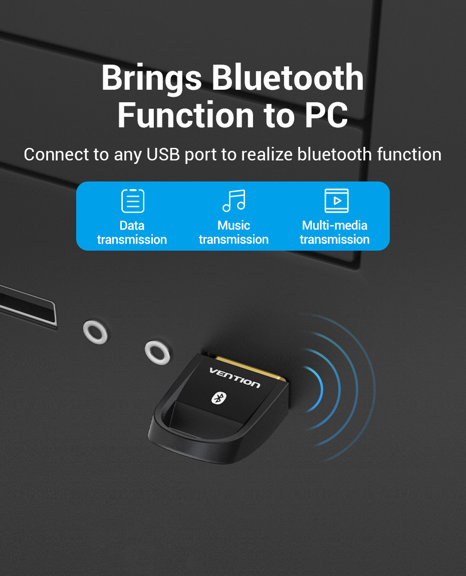 Bluetooth adapter PC-hez. Fekete adapter arany szegéllyel, kék hullámok. Szöveg: Bluetooth funkció, Adat, Zene, Multimédia.