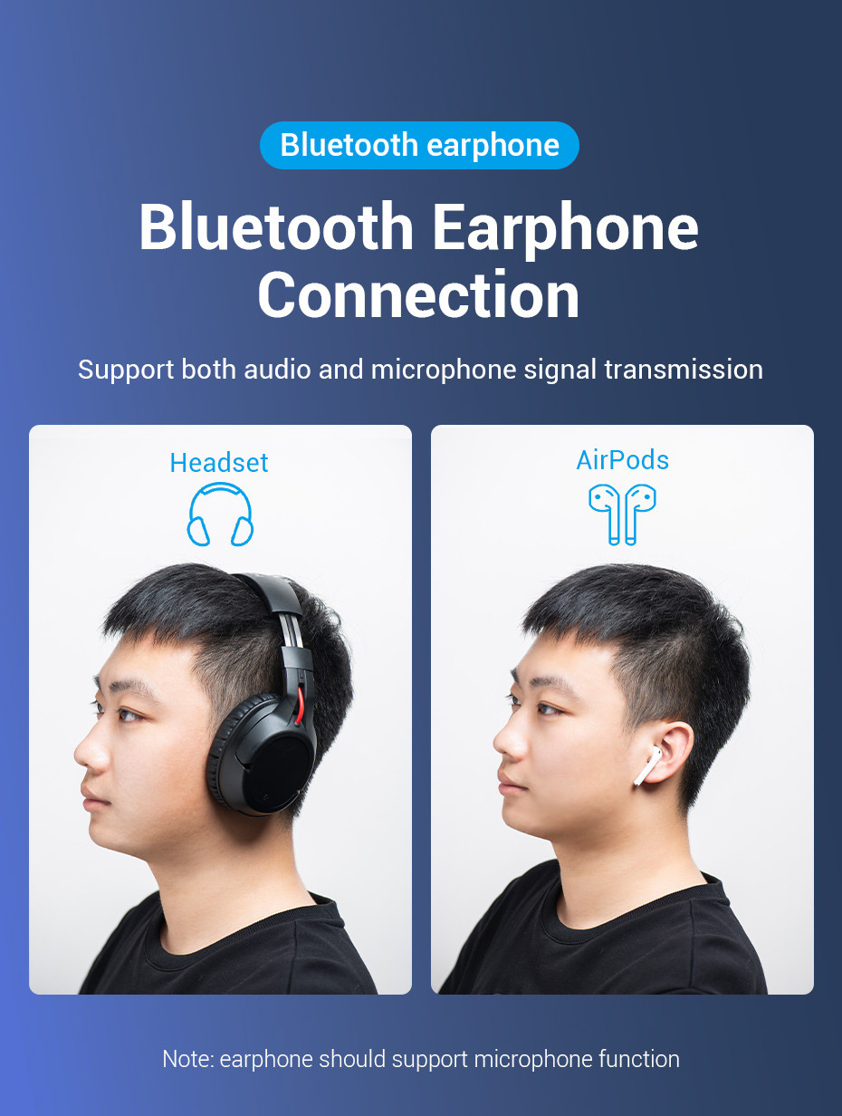 A képen egy headsetet viselő férfi és egy AirPods-ot használó látható. A szöveg a 'Bluetooth fülhallgató kapcsolatot' emeli ki.