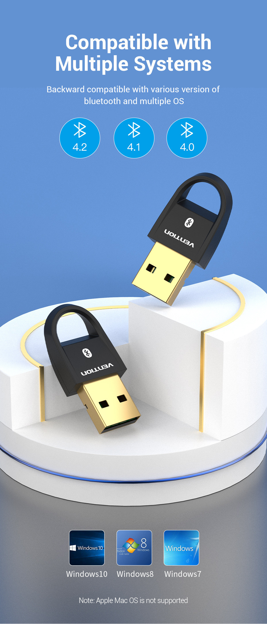 Fekete USB Bluetooth adapter arany csatlakozóval. Kék háttér kompatibilitási logókkal és operációs rendszer ikonokkal.