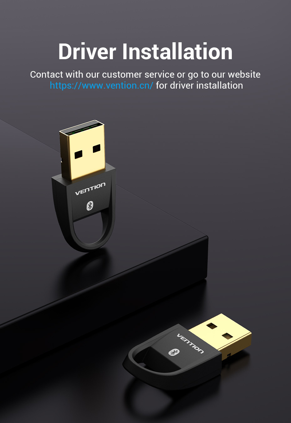 Két fekete és arany USB Bluetooth adapter fekete felületen. A szöveg: 'Driver Installation'.