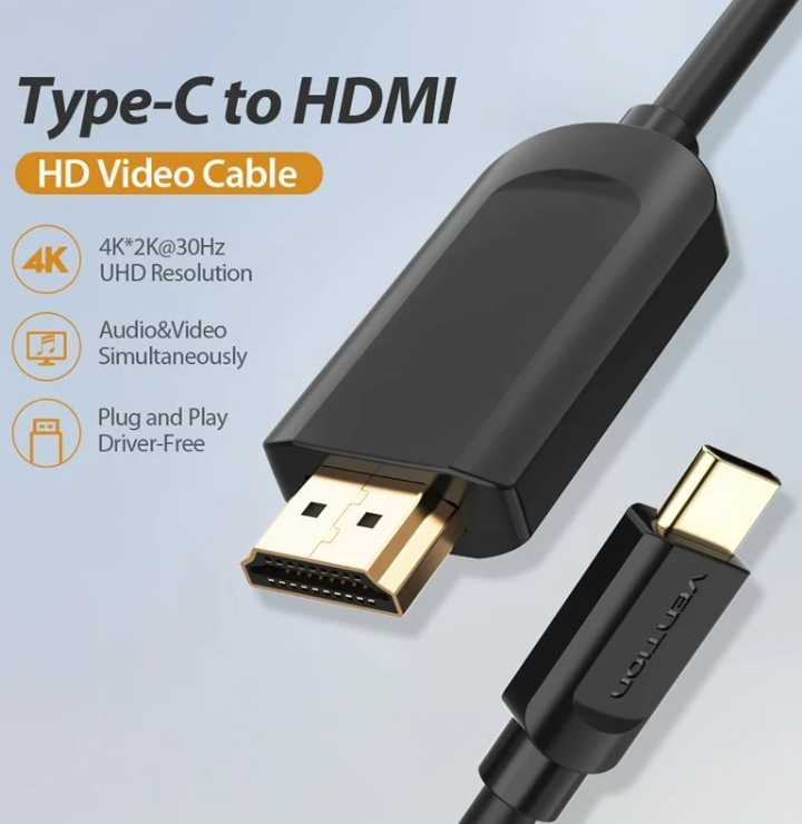 Egy fekete Type-C-HDMI kábel. A kábelen van egy Type-C csatlakozó és egy HDMI csatlakozó. A képen a szöveg UHD felbontást és Audio&Video egyidejűleg ír.