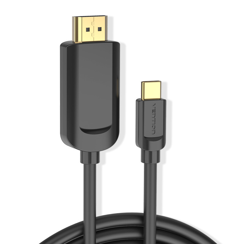 Fekete kábel HDMI és USB-C csatlakozókkal. Az HDMI csatlakozó arany, az USB-C arany, Vention logóval.