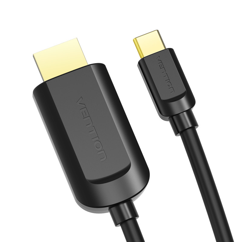 Fekete VENTION HDMI-USB-C kábel. Arany csatlakozók. Fehér háttér. A kábel átlósan van elhelyezve.