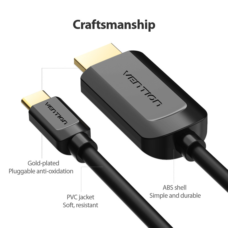 A képen két fekete Vention HDMI-kábel látható. Az egyik USB-C csatlakozóval, a másik szabványos HDMI-vel rendelkezik. A szövegcímkék a funkciókat írják le.