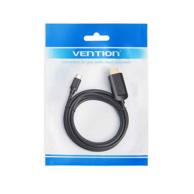 Egy fekete Vention HDMI kábel műanyag csomagolásban. A csomag teteje kék, a háttér fehér.