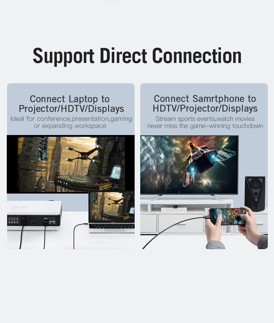 A kép bemutatja, hogyan lehet laptopot és okostelefont projektorhoz vagy TV-hez csatlakoztatni. Projektort, laptopot és okostelefont mutat.