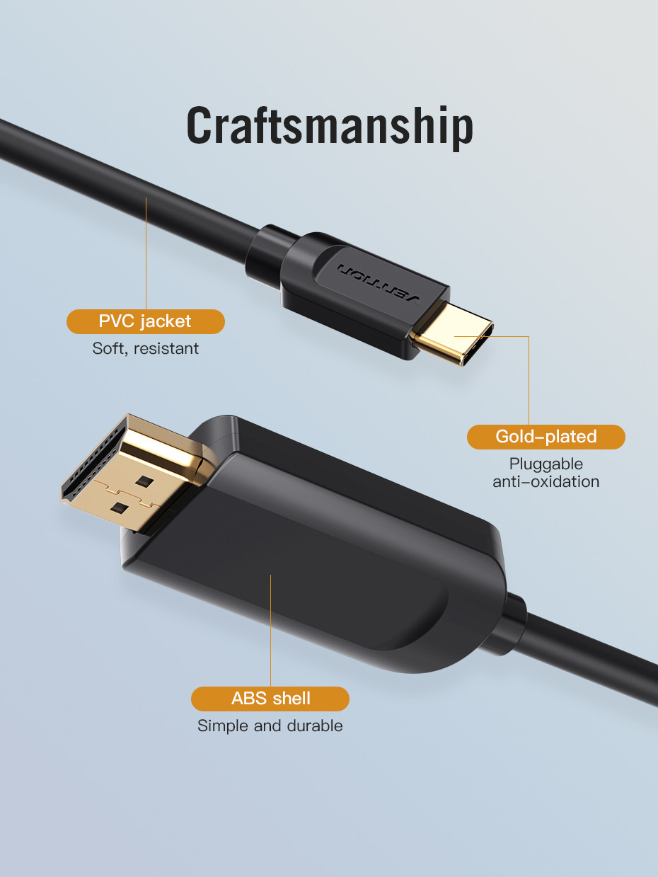 Fekete HDMI kábel aranyozott csatlakozókkal, PVC köpennyel és ABS házzal. A háttér kék és fehér színátmenet.