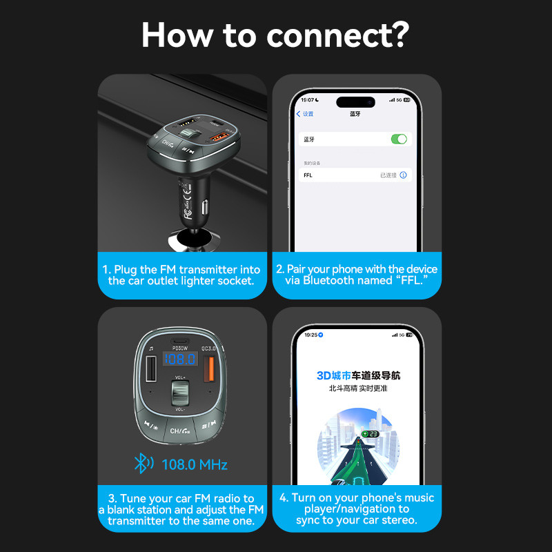 Útmutató az autó FM-adó telefonhoz Bluetooth-on keresztüli csatlakoztatásához, képernyőképekkel és lépésekkel.