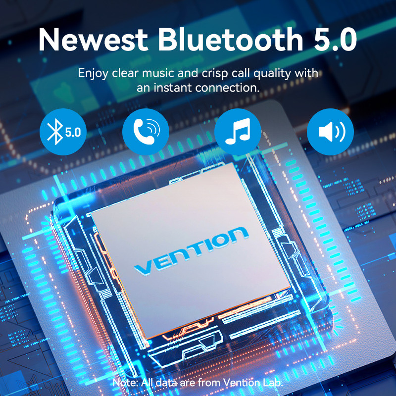 Kép a 'Newest Bluetooth 5.0' szöveggel, ikonokkal és egy központi négyzettel, melyen a 'VENTION' felirat látható.