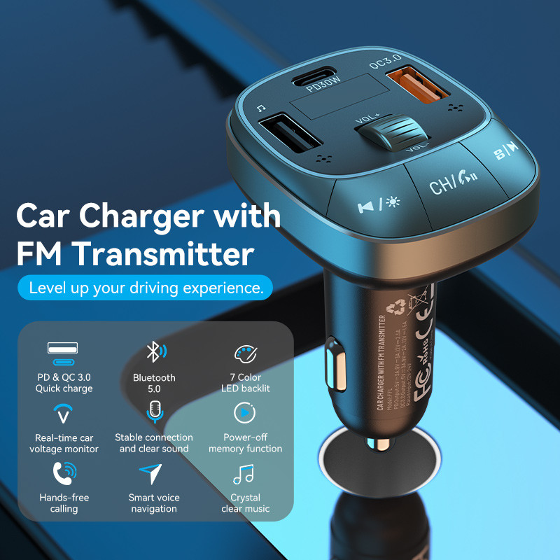 Autós töltő FM-transzmitterrel. PD & QC 3.0 gyorstöltés, Bluetooth 5.0, 7 színű LED, kihangosító hívás és egyéb funkciók.
