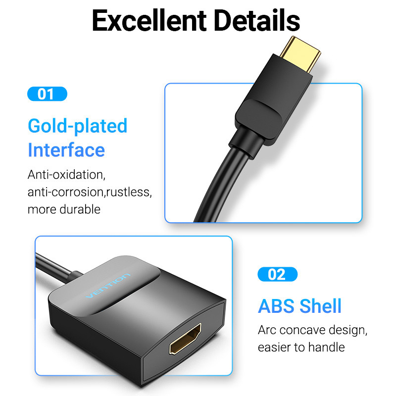 A képen egy fekete USB-C – HDMI adapter látható. Jellemzők: aranyozott felület, ABS ház. Szöveg: Kiváló részletek, Aranyozott felület, ABS ház.